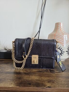 Coach Black Snakeskin Leather Shoulder Bag with Gold Chain